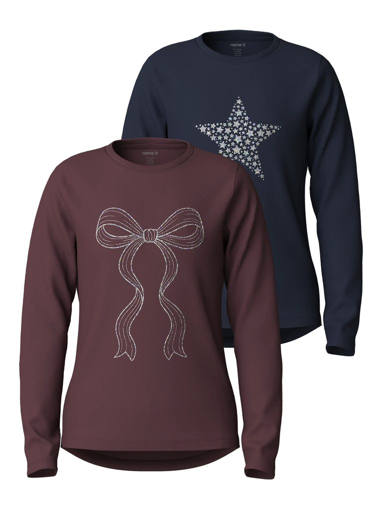 Name it Mädchen 2er Pack Langarmshirts Schleife Stern Nkfviparty